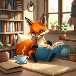 A charming scene featuring a curious fox sitting comfortably in a cozy nook, engrossed in a large, colorful book