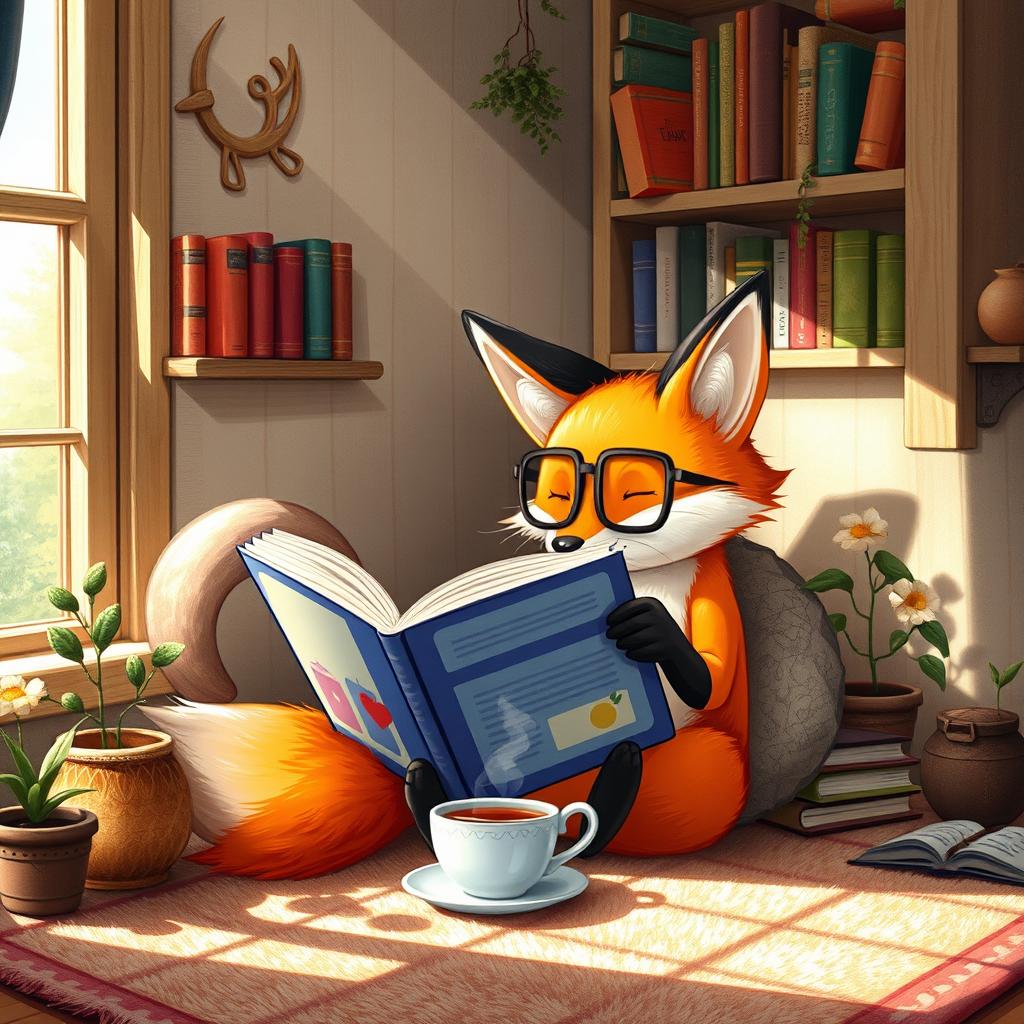 A charming scene featuring a curious fox sitting comfortably in a cozy nook, engrossed in a large, colorful book