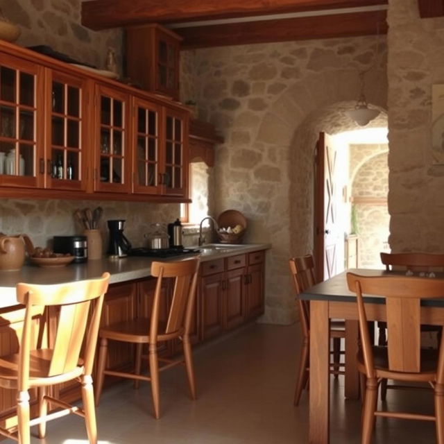 A rustic kitchen featuring wooden chairs and stone walls