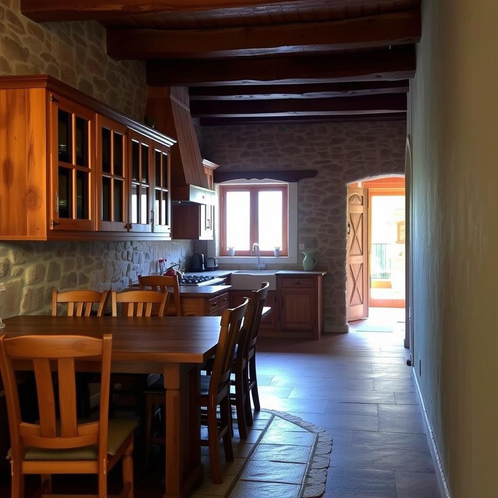 A rustic kitchen featuring wooden chairs and stone walls