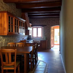 A rustic kitchen featuring wooden chairs and stone walls