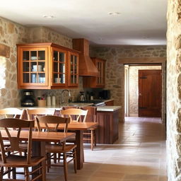A rustic kitchen featuring wooden chairs and stone walls