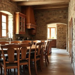 A rustic kitchen featuring wooden chairs and stone walls