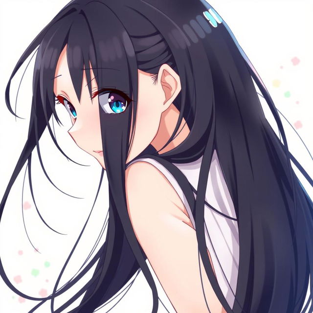 A stunning anime scene featuring a beautiful girl with long black hair, striking blue eyes, and an exquisite face