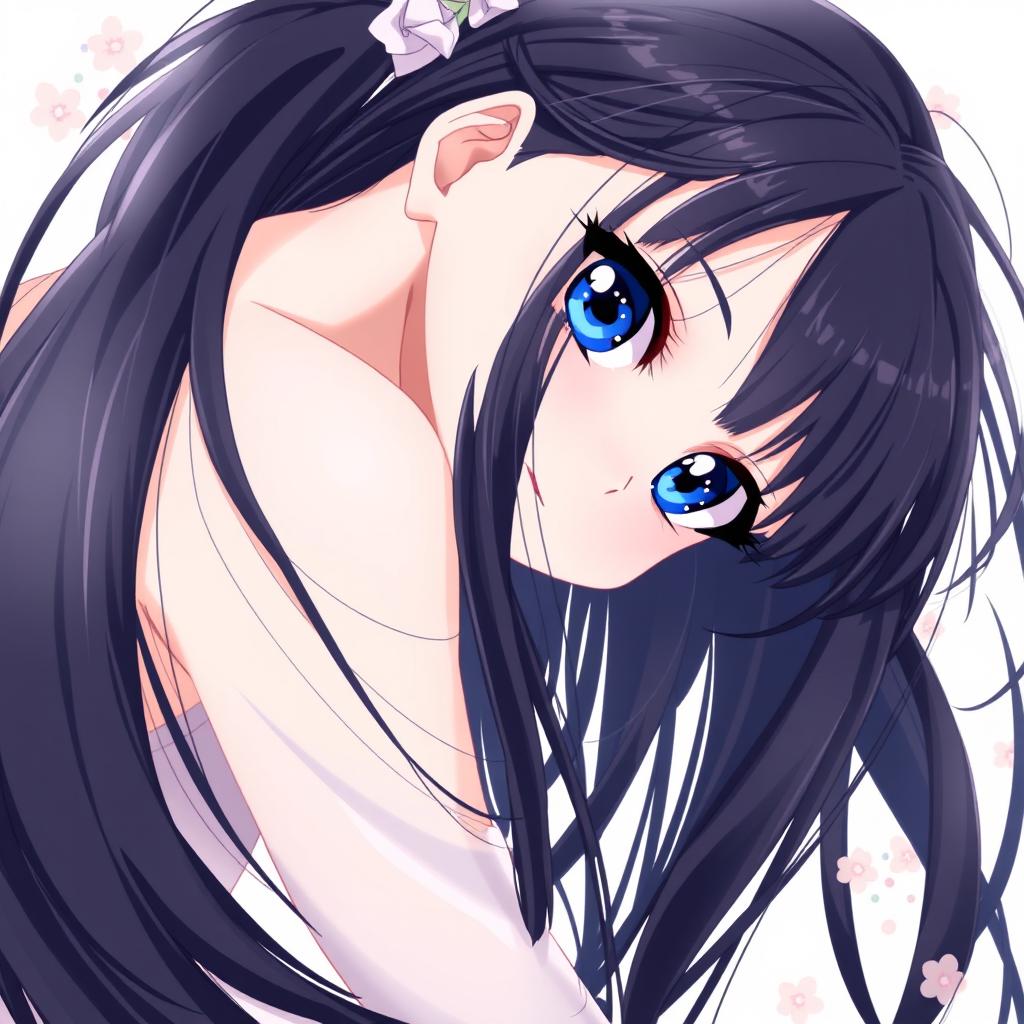 A stunning anime scene featuring a beautiful girl with long black hair, striking blue eyes, and an exquisite face