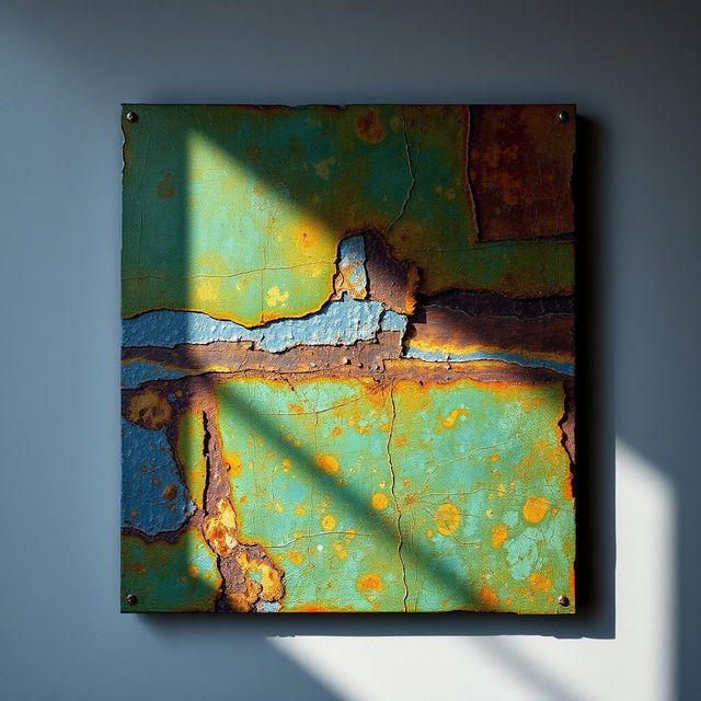 A stunning modern artwork featuring intricate patina textures, showcasing a mix of deep greens, blues, and rich browns