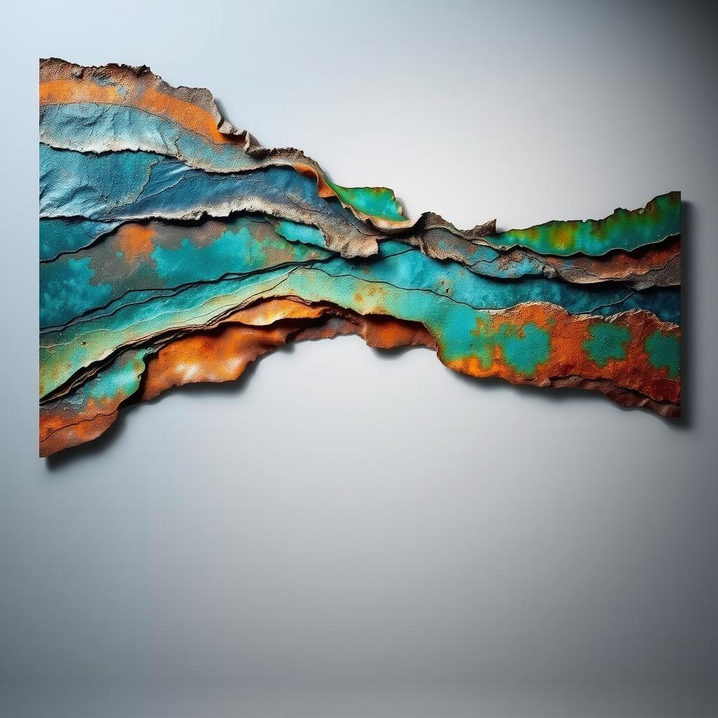 A stunning modern artwork featuring intricate patina textures, showcasing a mix of deep greens, blues, and rich browns