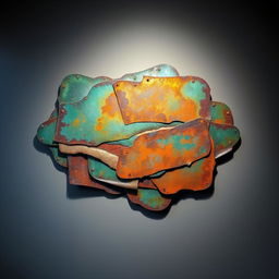A stunning modern artwork featuring intricate patina textures, showcasing a mix of deep greens, blues, and rich browns