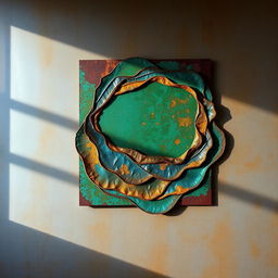 A stunning modern artwork featuring intricate patina textures, showcasing a mix of deep greens, blues, and rich browns