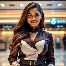 A beautiful, voluptuous woman with oversized breasts, dressed in a stylish bank employee uniform, exuding charm and confidence