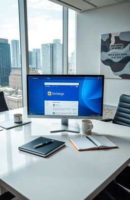 A modern corporate office setting featuring a sleek desk with a high-tech computer displaying the Microsoft Exchange email interface