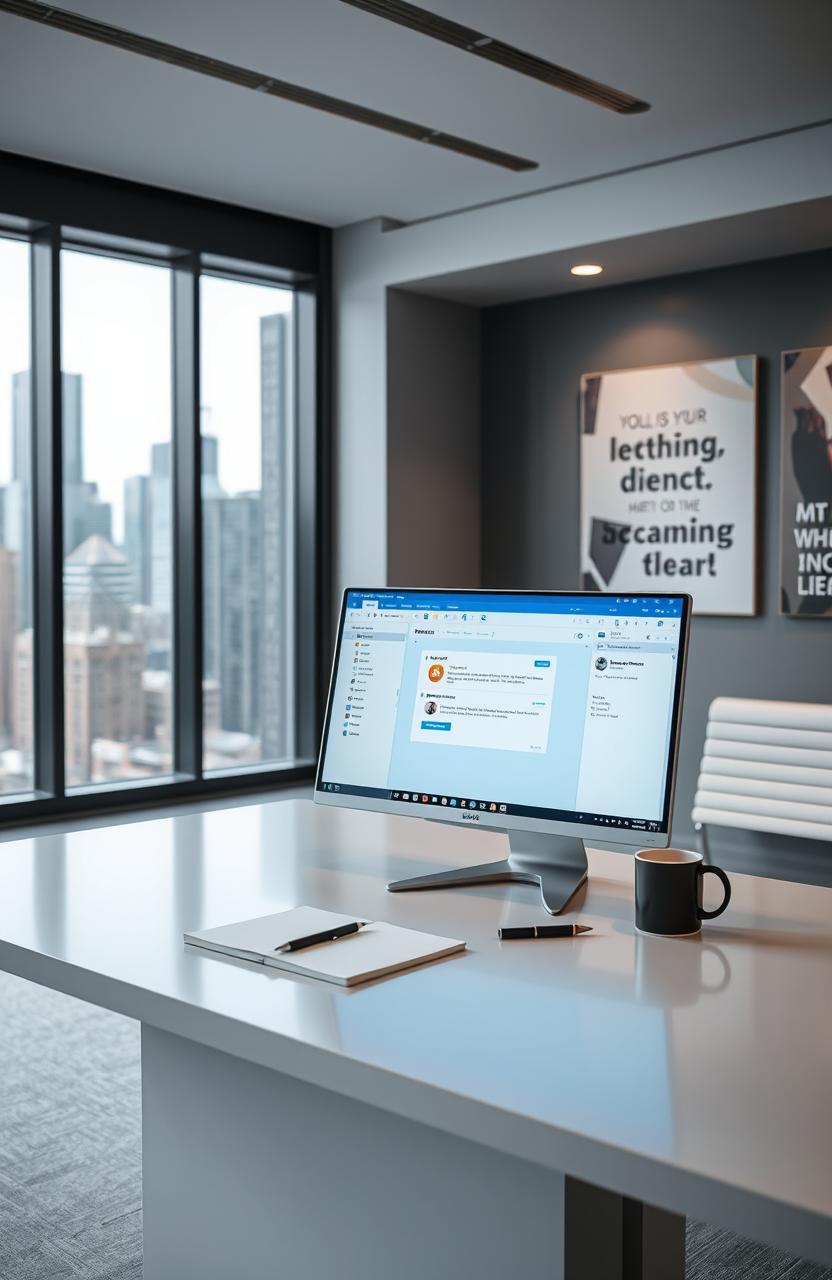 A modern corporate office setting featuring a sleek desk with a high-tech computer displaying the Microsoft Exchange email interface