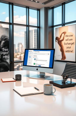 A modern corporate office setting featuring a sleek desk with a high-tech computer displaying the Microsoft Exchange email interface