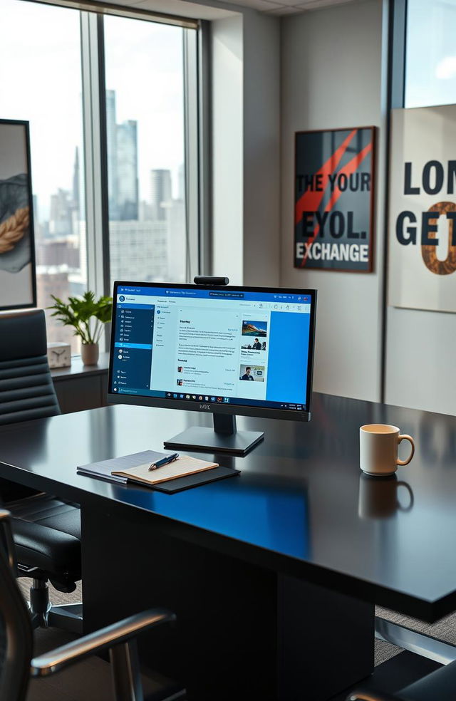 A modern corporate office setting featuring a sleek desk with a high-tech computer displaying the Microsoft Exchange email interface