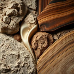 A static composition featuring a visually intriguing blend of textures, including rough stone, smooth silk, and polished wood