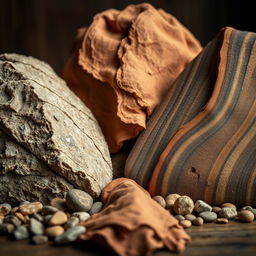 A static composition featuring a visually intriguing blend of textures, including rough stone, smooth silk, and polished wood