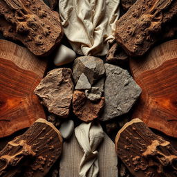 A static composition featuring a visually intriguing blend of textures, including rough stone, smooth silk, and polished wood