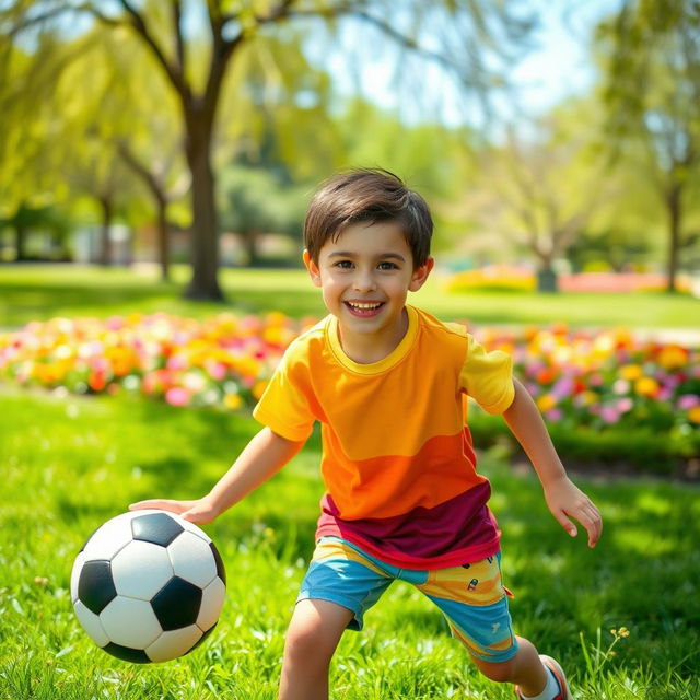 A cheerful young boy with a bright smile, wearing a colorful t-shirt and shorts, playing with a soccer ball in a sunny park