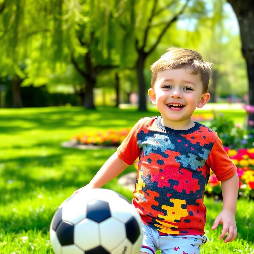 A cheerful young boy with a bright smile, wearing a colorful t-shirt and shorts, playing with a soccer ball in a sunny park