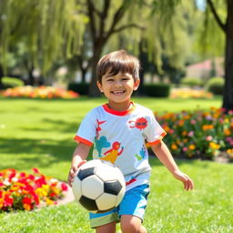 A cheerful young boy with a bright smile, wearing a colorful t-shirt and shorts, playing with a soccer ball in a sunny park