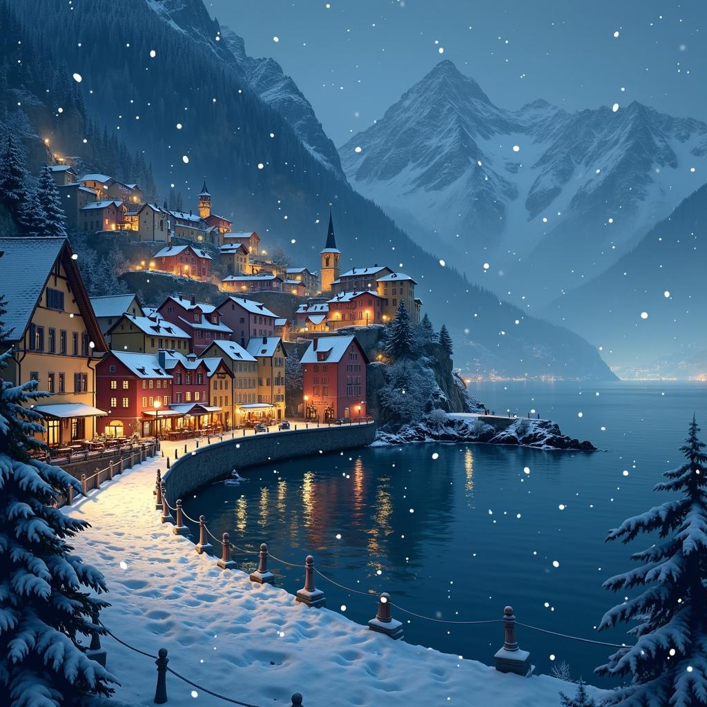 A fantasy town at night with beautiful architecture, snow falling gently in the air