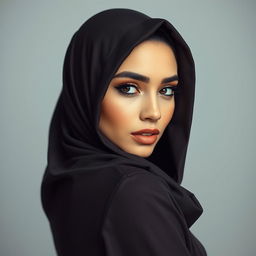 A beautiful masterpiece featuring a fully covered Muslim woman in a niqab, presenting an expressive and captivating appearance