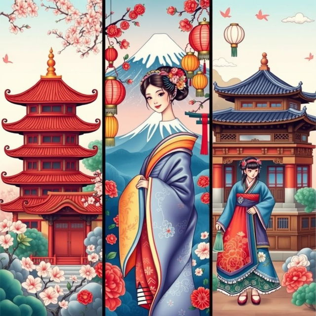 A colorful and vibrant illustration showcasing elements from Chinese, Japanese, and Korean cultures side by side