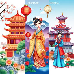 A colorful and vibrant illustration showcasing elements from Chinese, Japanese, and Korean cultures side by side