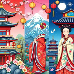 A colorful and vibrant illustration showcasing elements from Chinese, Japanese, and Korean cultures side by side
