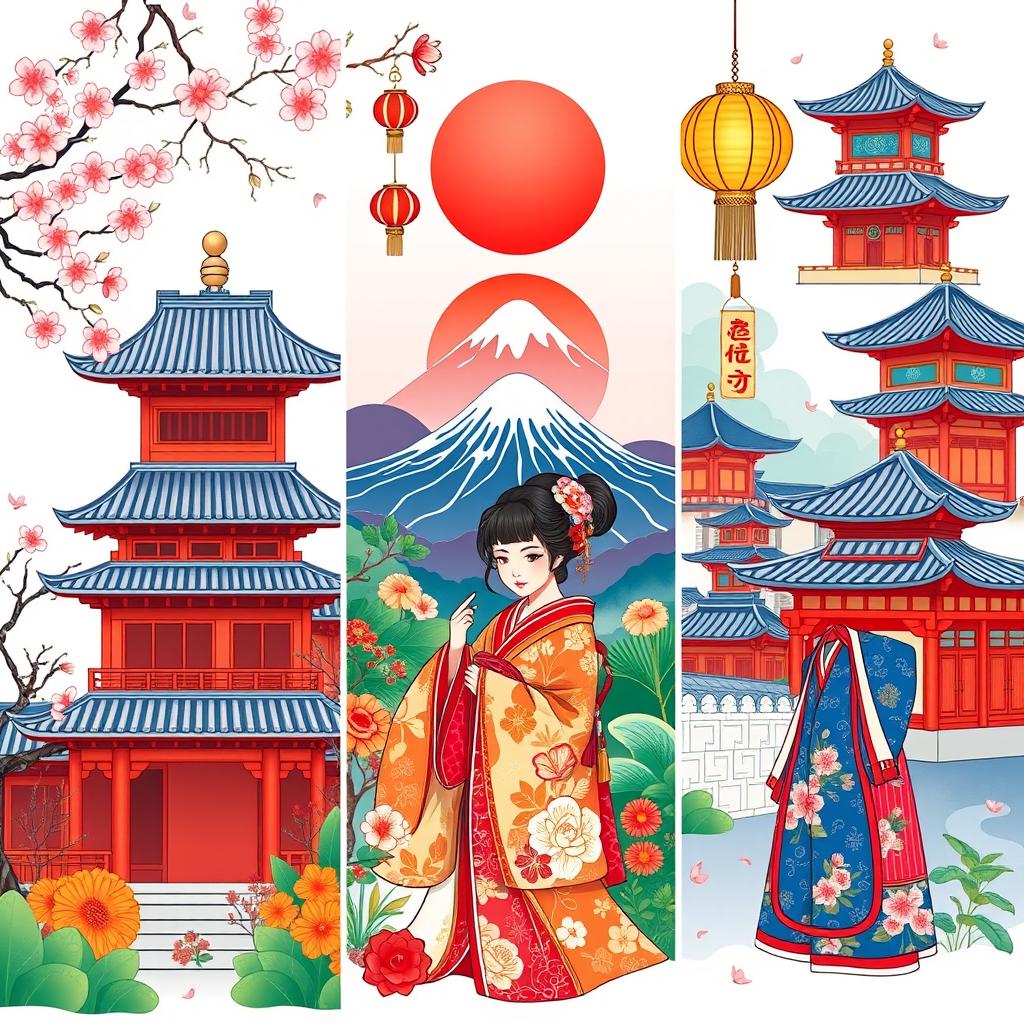 A colorful and vibrant illustration showcasing elements from Chinese, Japanese, and Korean cultures side by side