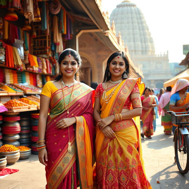 A vibrant scene in India featuring two women dressed in traditional Indian attire