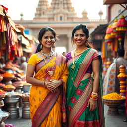 A vibrant scene in India featuring two women dressed in traditional Indian attire