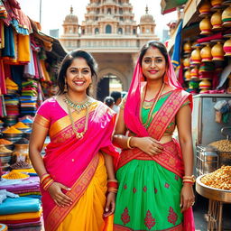 A vibrant scene in India featuring two women dressed in traditional Indian attire
