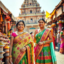 A vibrant scene in India featuring two women dressed in traditional Indian attire