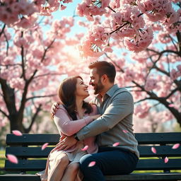 A romantic scene depicting two lovers deeply engaged in conversation, sitting close together on a park bench surrounded by cherry blossom trees in full bloom