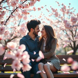 A romantic scene depicting two lovers deeply engaged in conversation, sitting close together on a park bench surrounded by cherry blossom trees in full bloom