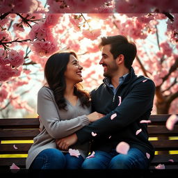 A romantic scene depicting two lovers deeply engaged in conversation, sitting close together on a park bench surrounded by cherry blossom trees in full bloom