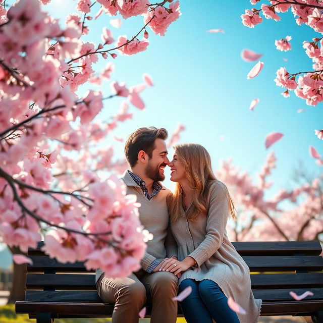 A romantic scene depicting two lovers deeply engaged in conversation, sitting close together on a park bench surrounded by cherry blossom trees in full bloom