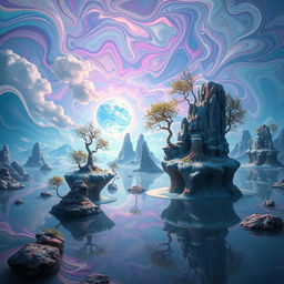 An otherworldly landscape featuring a surreal distortion effect, filled with swirling colors and shapes that seem to melt and bend reality