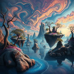 An otherworldly landscape featuring a surreal distortion effect, filled with swirling colors and shapes that seem to melt and bend reality