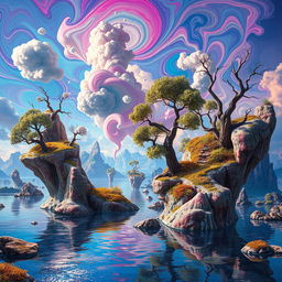 An otherworldly landscape featuring a surreal distortion effect, filled with swirling colors and shapes that seem to melt and bend reality