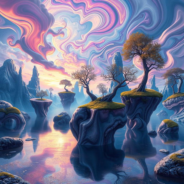 An otherworldly landscape featuring a surreal distortion effect, filled with swirling colors and shapes that seem to melt and bend reality