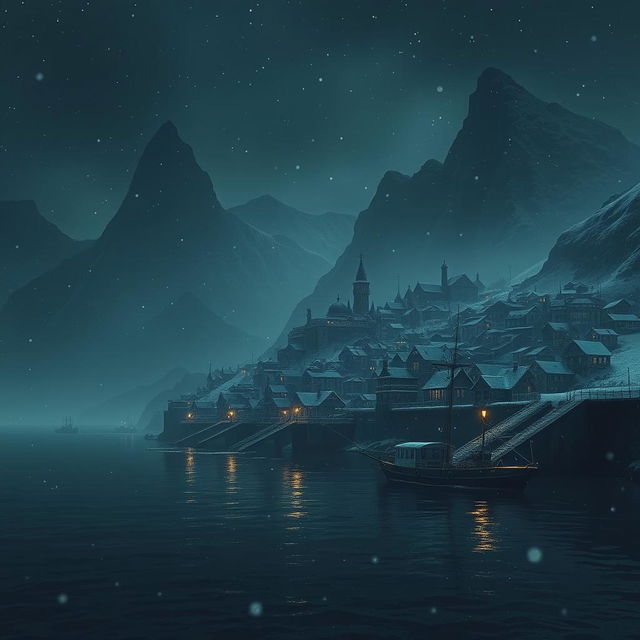 A dark fantasy town seen at night, with snow gently falling, creating a serene and mystical atmosphere