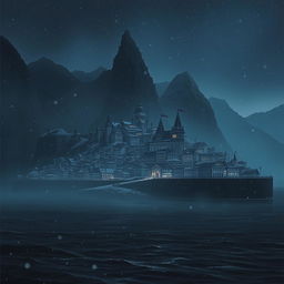 A dark fantasy town seen at night, with snow gently falling, creating a serene and mystical atmosphere