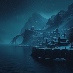 A dark fantasy town seen at night, with snow gently falling, creating a serene and mystical atmosphere