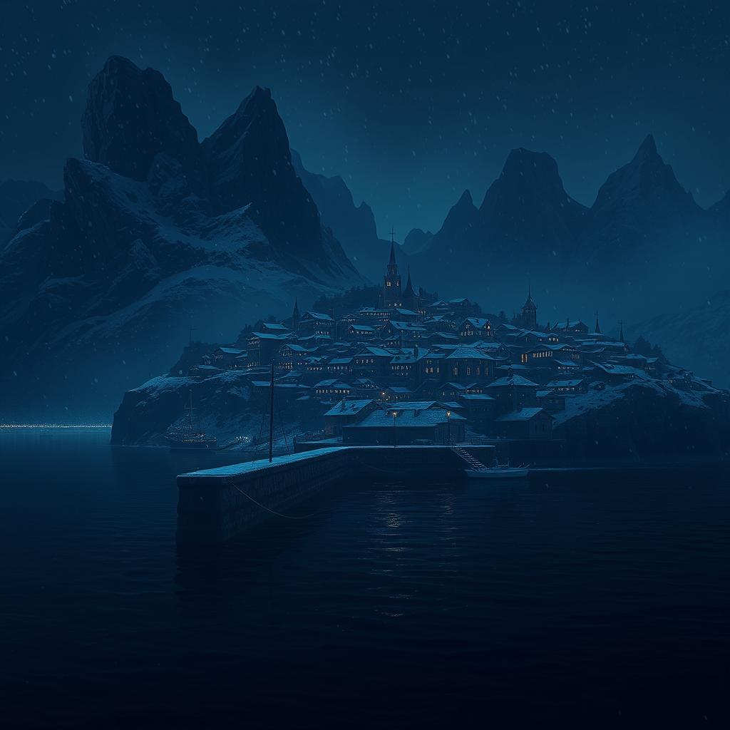 A dark fantasy town seen at night, with snow gently falling, creating a serene and mystical atmosphere