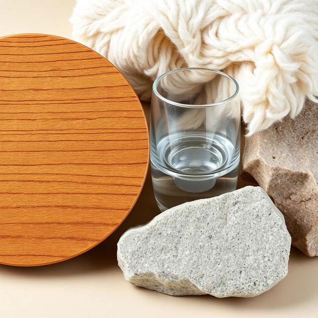 A static composition highlighting a variety of textures, featuring a close-up view of a wooden surface with intricate grain patterns, a soft and fluffy fabric that looks inviting, glistening glass with a reflective surface, and rough stone with natural imperfections, all arranged aesthetically on a neutral background