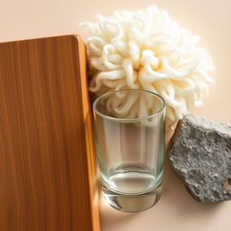 A static composition highlighting a variety of textures, featuring a close-up view of a wooden surface with intricate grain patterns, a soft and fluffy fabric that looks inviting, glistening glass with a reflective surface, and rough stone with natural imperfections, all arranged aesthetically on a neutral background