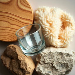 A static composition highlighting a variety of textures, featuring a close-up view of a wooden surface with intricate grain patterns, a soft and fluffy fabric that looks inviting, glistening glass with a reflective surface, and rough stone with natural imperfections, all arranged aesthetically on a neutral background