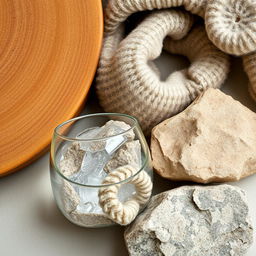 A static composition highlighting a variety of textures, featuring a close-up view of a wooden surface with intricate grain patterns, a soft and fluffy fabric that looks inviting, glistening glass with a reflective surface, and rough stone with natural imperfections, all arranged aesthetically on a neutral background